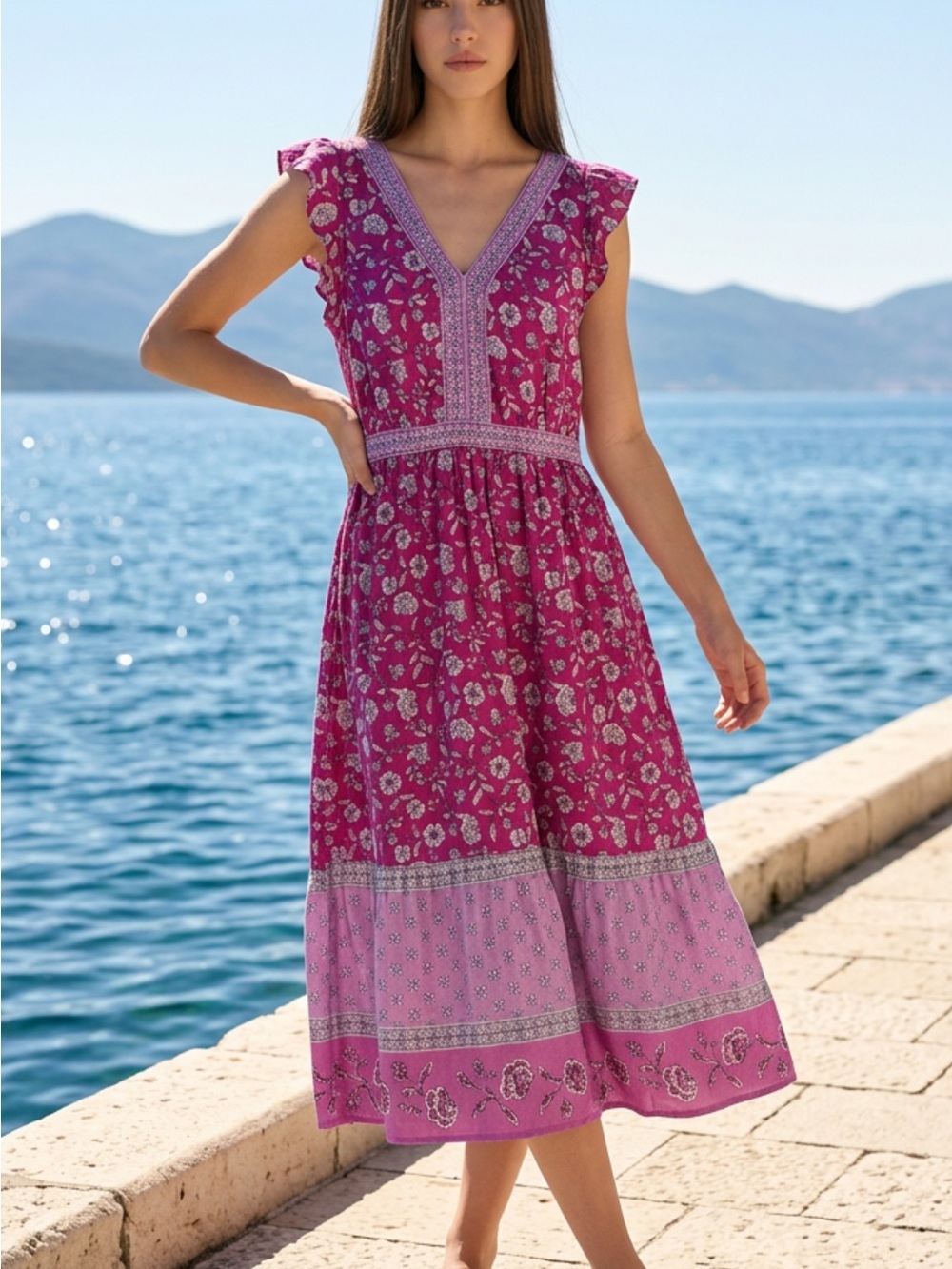 LOFT Magenta Floral V-Neck Midi Dress